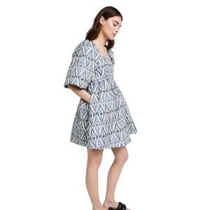 NWT MUNTHE Women's Blue White Chew Puff Sleeve Bubble Hemline Min Dress Size 36